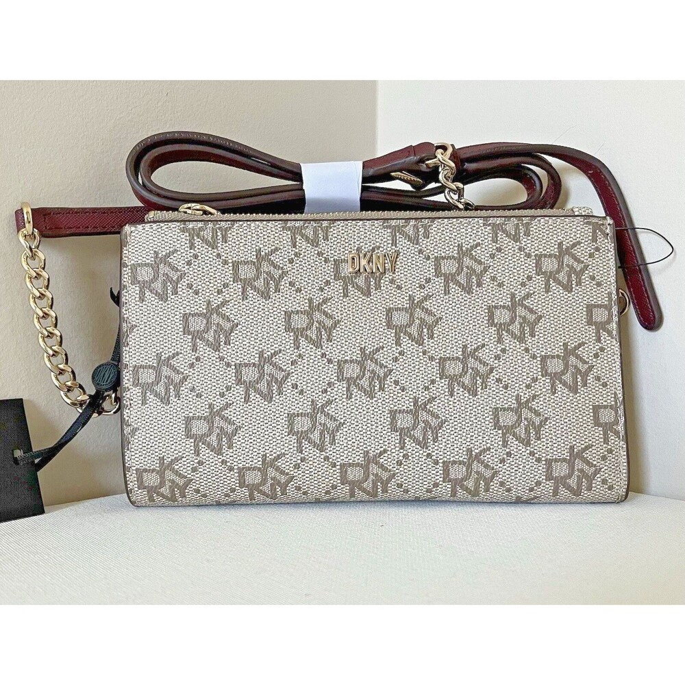 New DKNY Boxed Bryant Logo Crossbody Khaki / Aged Wine